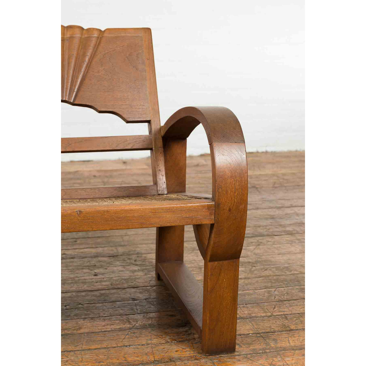 Teak Wood Country Outdoor Bench from Madura with Rattan Seat and Looping Arms-7. Asian & Chinese Furniture, Art, Antiques, Vintage Home Décor for sale at FEA Home