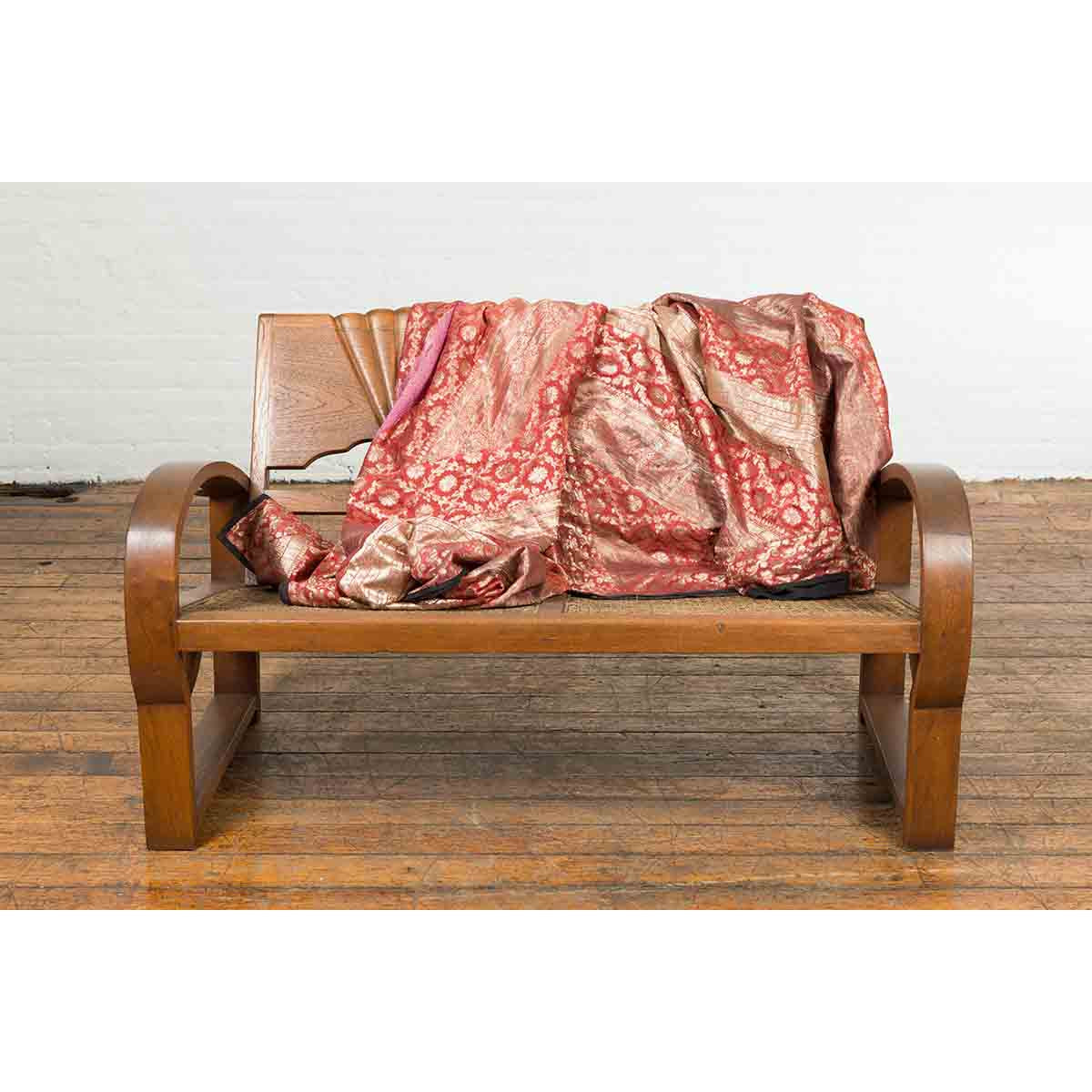 Teak Wood Country Outdoor Bench from Madura with Rattan Seat and Looping Arms-3. Asian & Chinese Furniture, Art, Antiques, Vintage Home Décor for sale at FEA Home