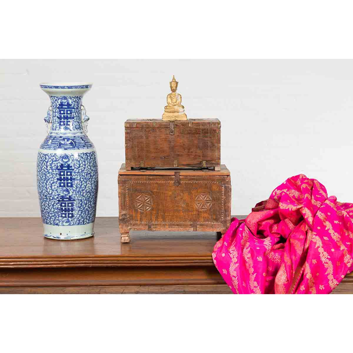 Indian 19th Century Small Wooden Box with Iron Hardware and Carved Rosacea-5. Asian & Chinese Furniture, Art, Antiques, Vintage Home Décor for sale at FEA Home