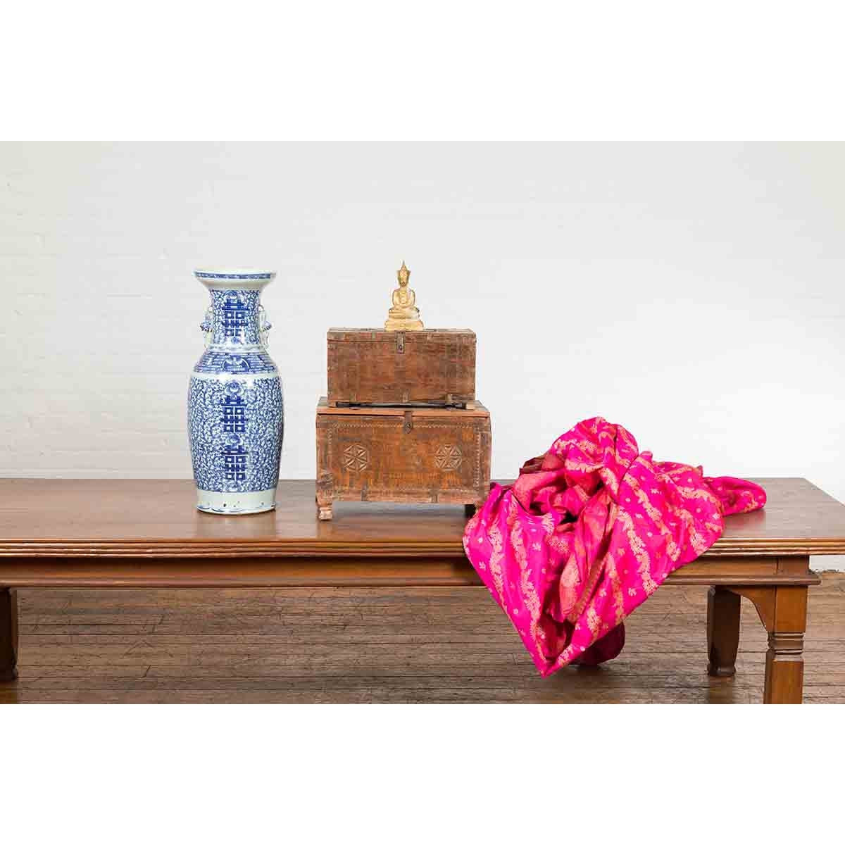 Indian 19th Century Small Wooden Box with Iron Hardware and Carved Rosacea-4. Asian & Chinese Furniture, Art, Antiques, Vintage Home Décor for sale at FEA Home