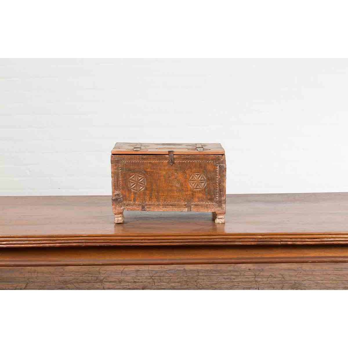 Indian 19th Century Small Wooden Box with Iron Hardware and Carved Rosacea-6. Asian & Chinese Furniture, Art, Antiques, Vintage Home Décor for sale at FEA Home
