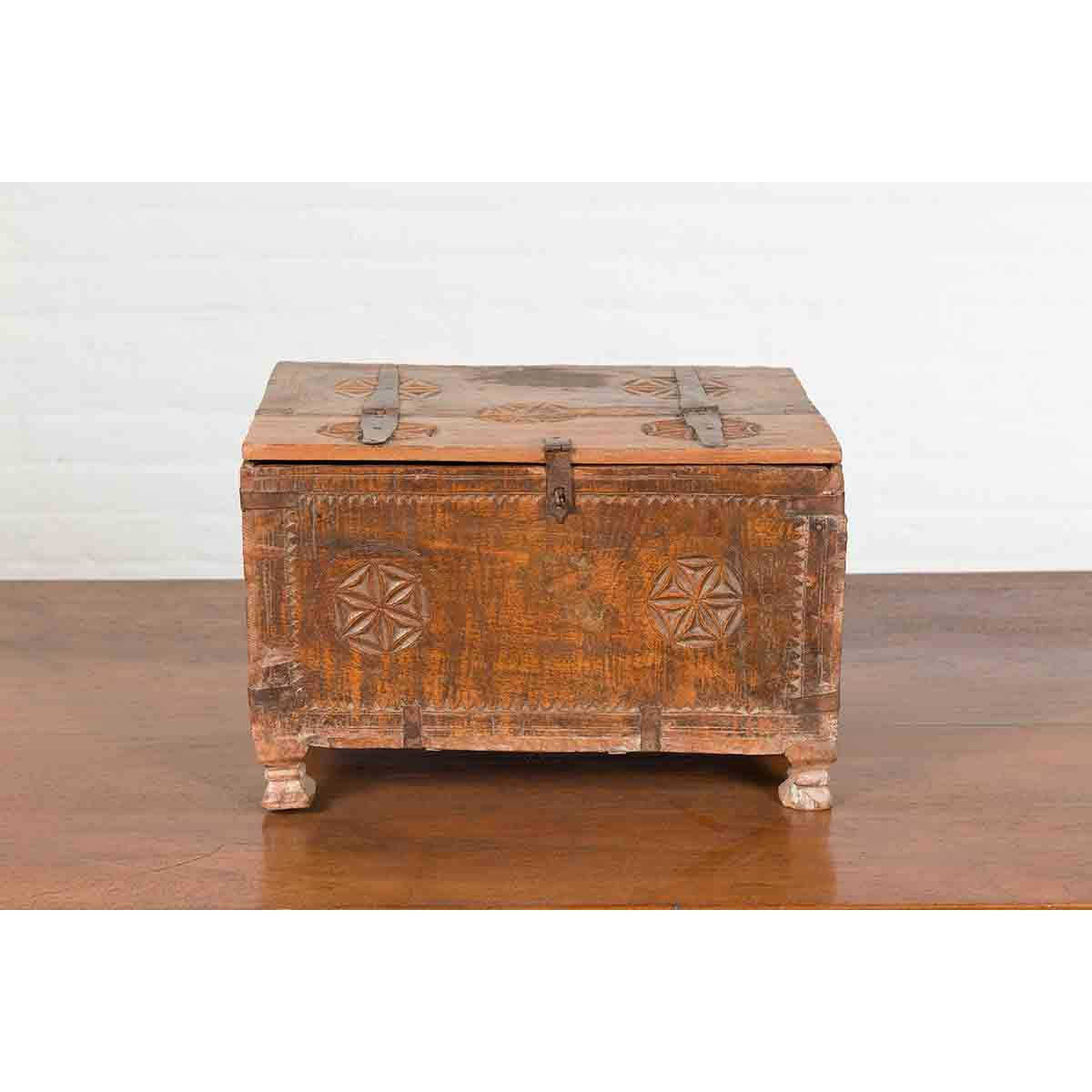 Indian 19th Century Small Wooden Box with Iron Hardware and Carved Rosacea-7. Asian & Chinese Furniture, Art, Antiques, Vintage Home Décor for sale at FEA Home