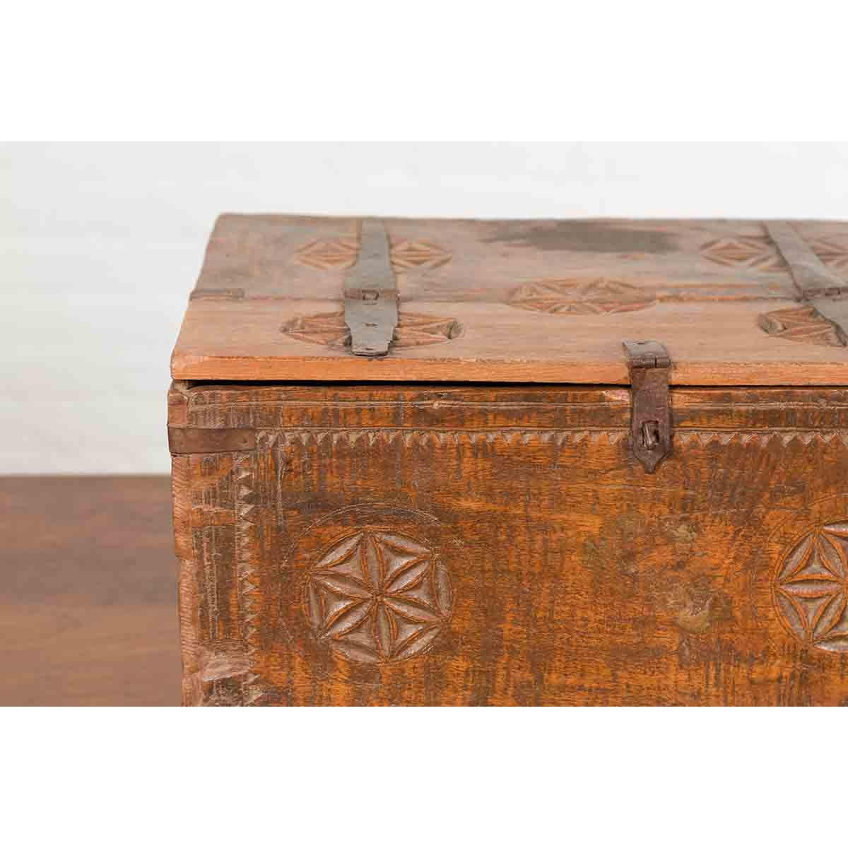 Indian 19th Century Small Wooden Box with Iron Hardware and Carved Rosacea-8. Asian & Chinese Furniture, Art, Antiques, Vintage Home Décor for sale at FEA Home