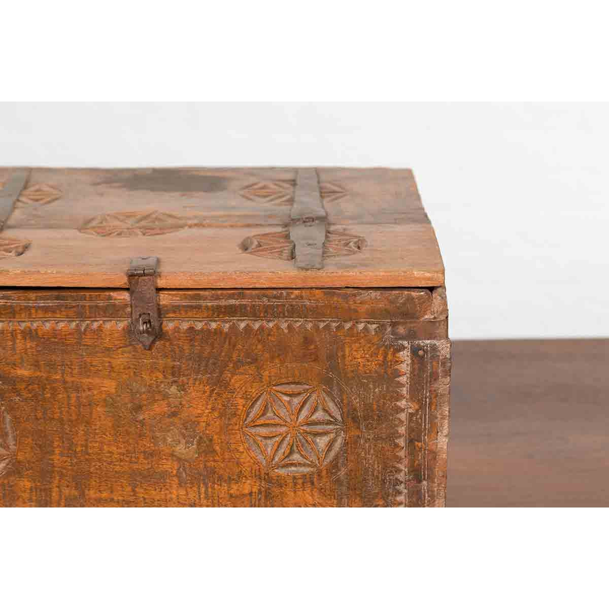 Indian 19th Century Small Wooden Box with Iron Hardware and Carved Rosacea-9. Asian & Chinese Furniture, Art, Antiques, Vintage Home Décor for sale at FEA Home
