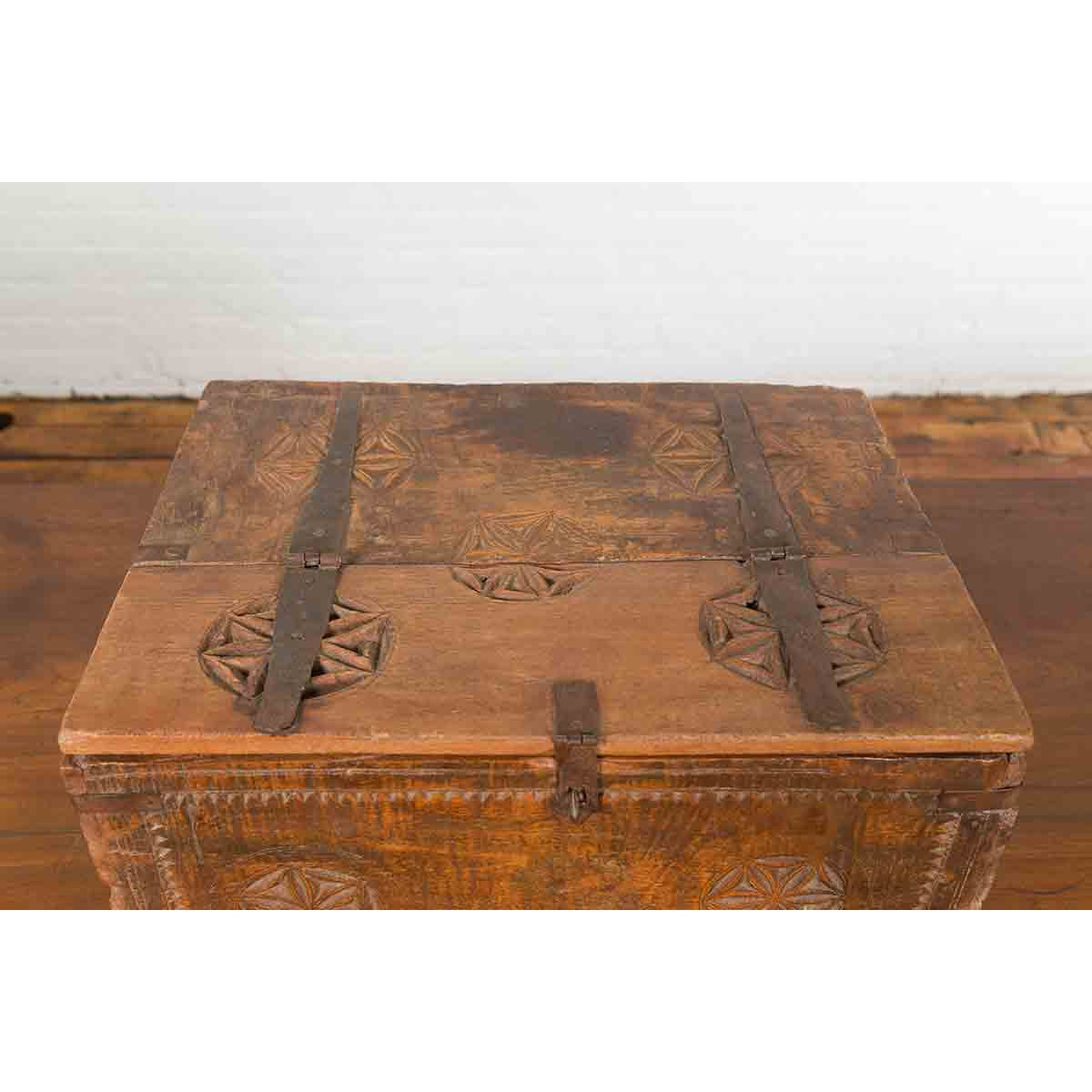 Indian 19th Century Small Wooden Box with Iron Hardware and Carved Rosacea-11. Asian & Chinese Furniture, Art, Antiques, Vintage Home Décor for sale at FEA Home