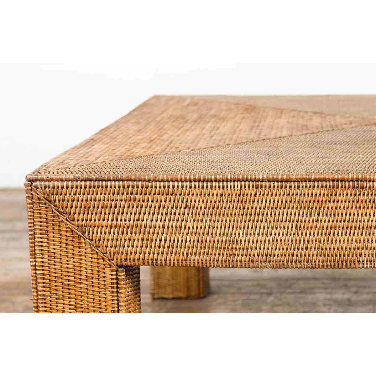 Burmese Vintage Rattan Parsons Leg Coffee Table Hand-Stitched over Wood-6. Asian & Chinese Furniture, Art, Antiques, Vintage Home Décor for sale at FEA Home