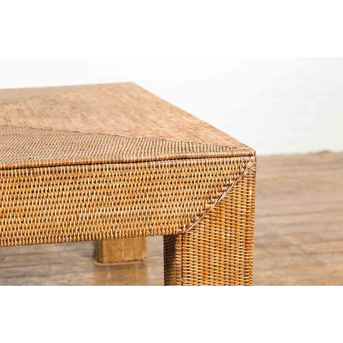 Burmese Vintage Rattan Parsons Leg Coffee Table Hand-Stitched over Wood-7. Asian & Chinese Furniture, Art, Antiques, Vintage Home Décor for sale at FEA Home