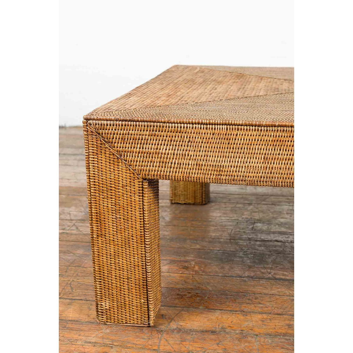 Burmese Vintage Rattan Parsons Leg Coffee Table Hand-Stitched over Wood-8. Asian & Chinese Furniture, Art, Antiques, Vintage Home Décor for sale at FEA Home