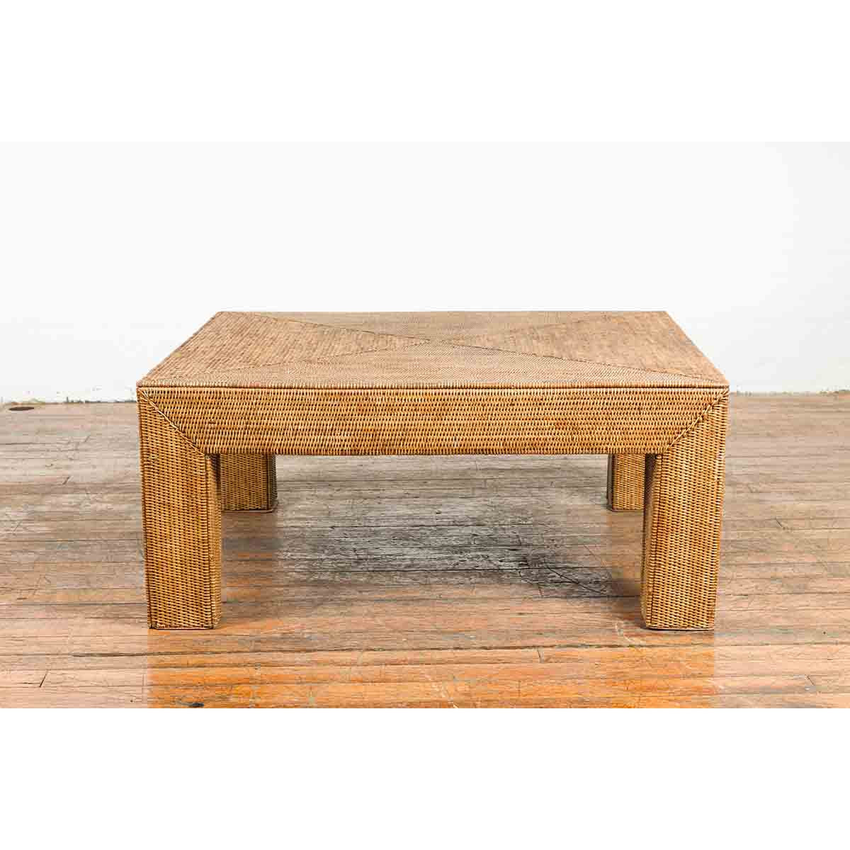 Burmese Vintage Rattan Parsons Leg Coffee Table Hand-Stitched over Wood-10. Asian & Chinese Furniture, Art, Antiques, Vintage Home Décor for sale at FEA Home