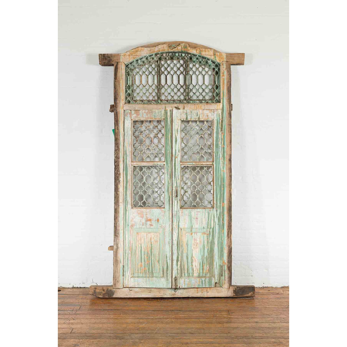 19th Century Antique Indian Grate Window with Green Paint and Distressed Patina-2. Asian & Chinese Furniture, Art, Antiques, Vintage Home Décor for sale at FEA Home