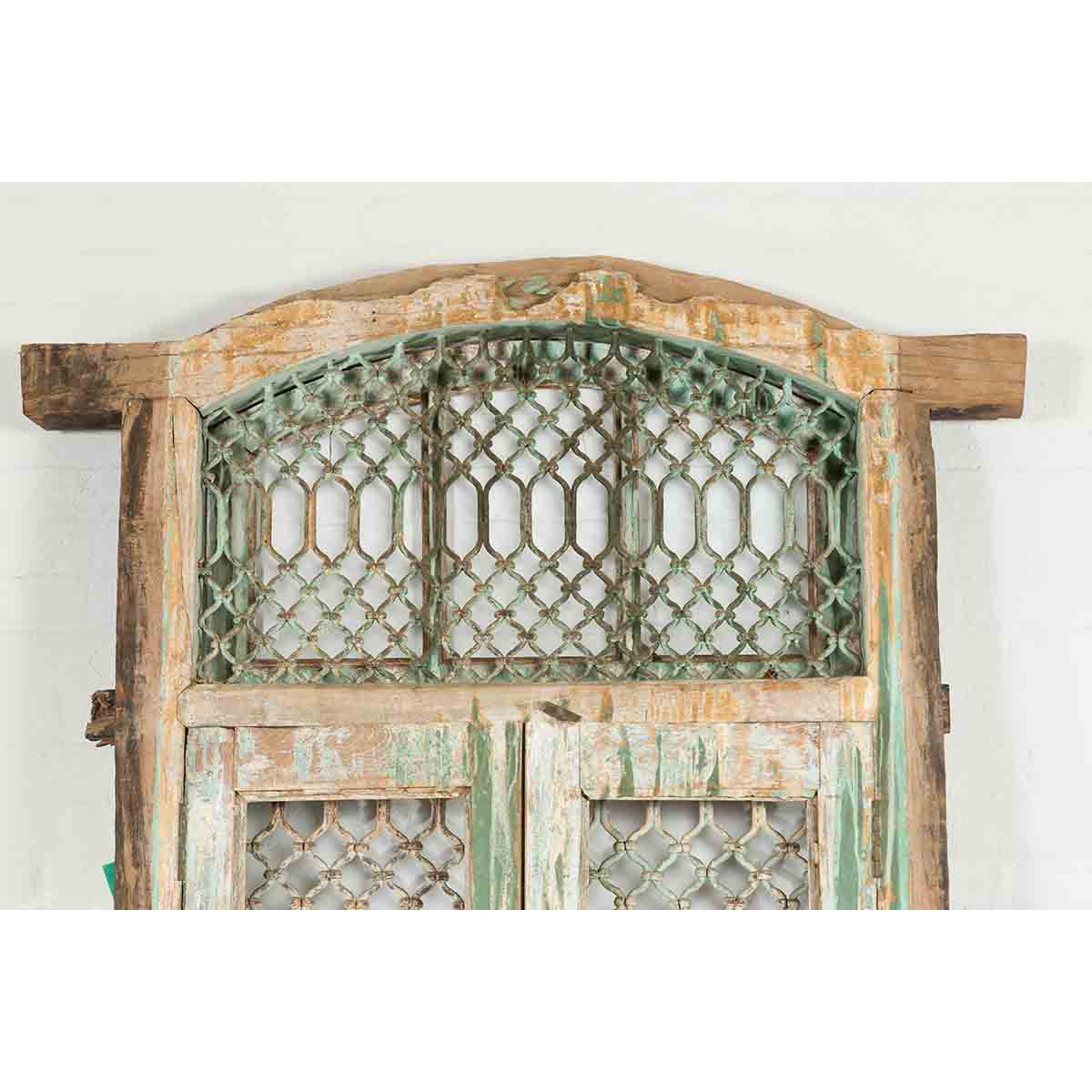 19th Century Antique Indian Grate Window with Green Paint and Distressed Patina-7. Asian & Chinese Furniture, Art, Antiques, Vintage Home Décor for sale at FEA Home