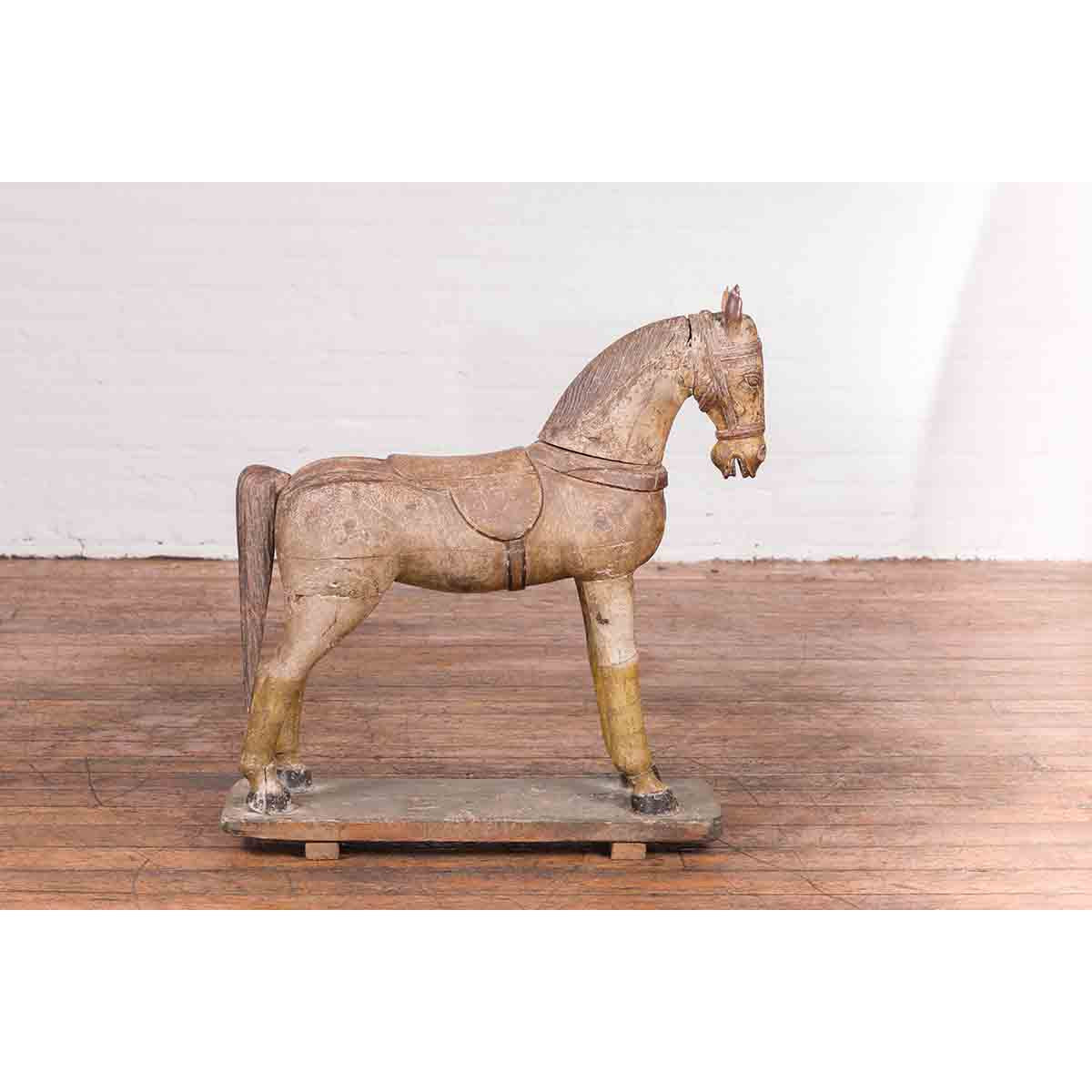 Antique Indian Multicolor Hand-Carved Wooden Mogul Horse on Rectangular Base-12. Asian & Chinese Furniture, Art, Antiques, Vintage Home Décor for sale at FEA Home