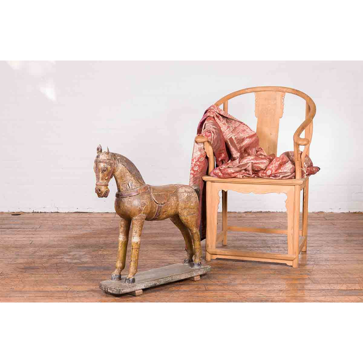Antique Indian Multicolor Hand-Carved Wooden Mogul Horse on Rectangular Base-3. Asian & Chinese Furniture, Art, Antiques, Vintage Home Décor for sale at FEA Home