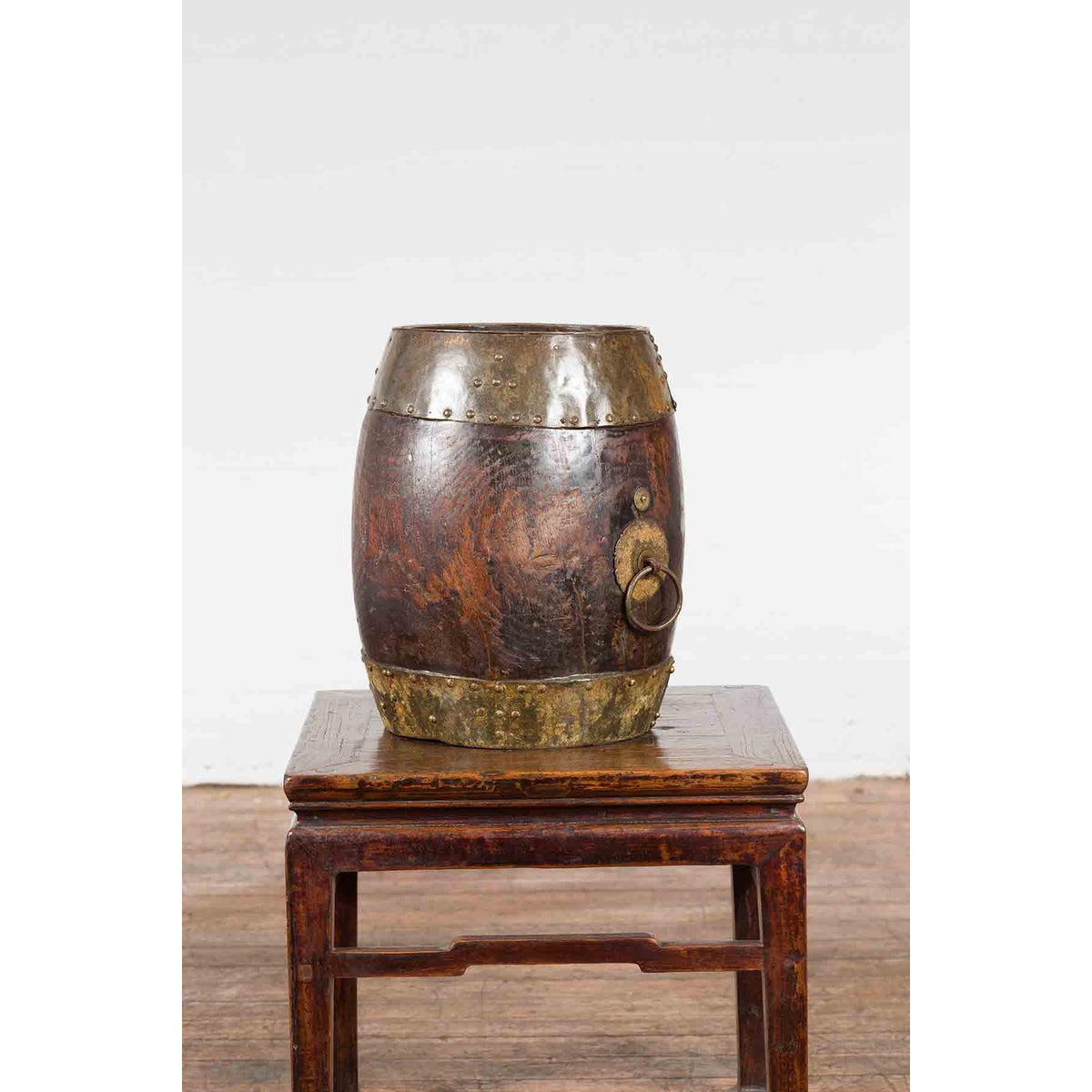 Chinese Vintage Rustic Wooden Bucket with Brass Accents and Ornate Backplate-3. Asian & Chinese Furniture, Art, Antiques, Vintage Home Décor for sale at FEA Home
