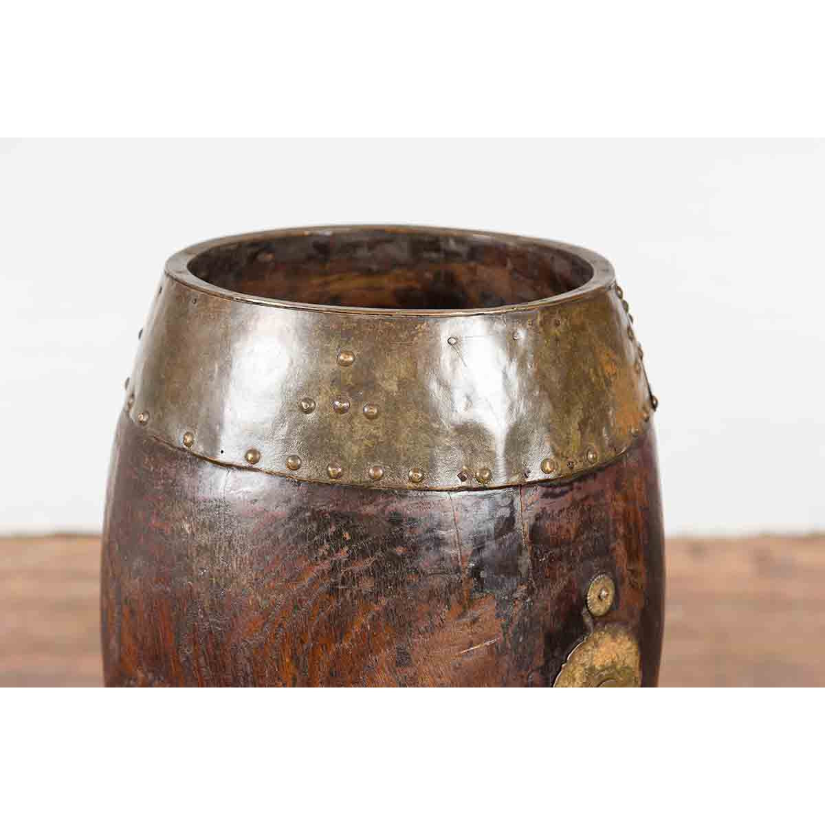 Chinese Vintage Rustic Wooden Bucket with Brass Accents and Ornate Backplate-4. Asian & Chinese Furniture, Art, Antiques, Vintage Home Décor for sale at FEA Home