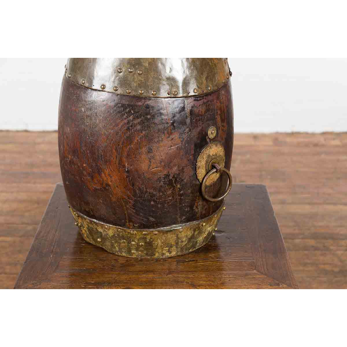 Chinese Vintage Rustic Wooden Bucket with Brass Accents and Ornate Backplate-5. Asian & Chinese Furniture, Art, Antiques, Vintage Home Décor for sale at FEA Home