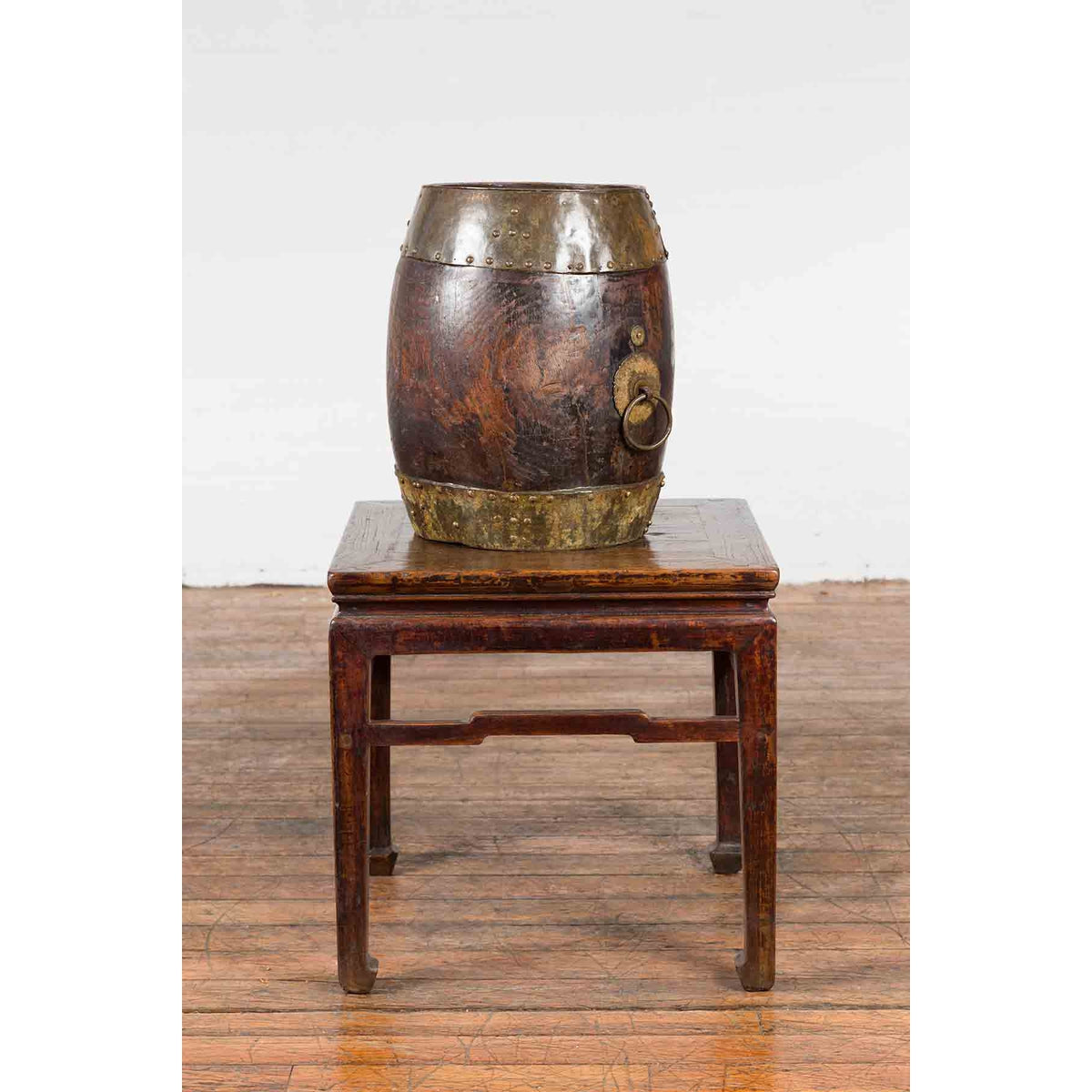Chinese Vintage Rustic Wooden Bucket with Brass Accents and Ornate Backplate-6. Asian & Chinese Furniture, Art, Antiques, Vintage Home Décor for sale at FEA Home