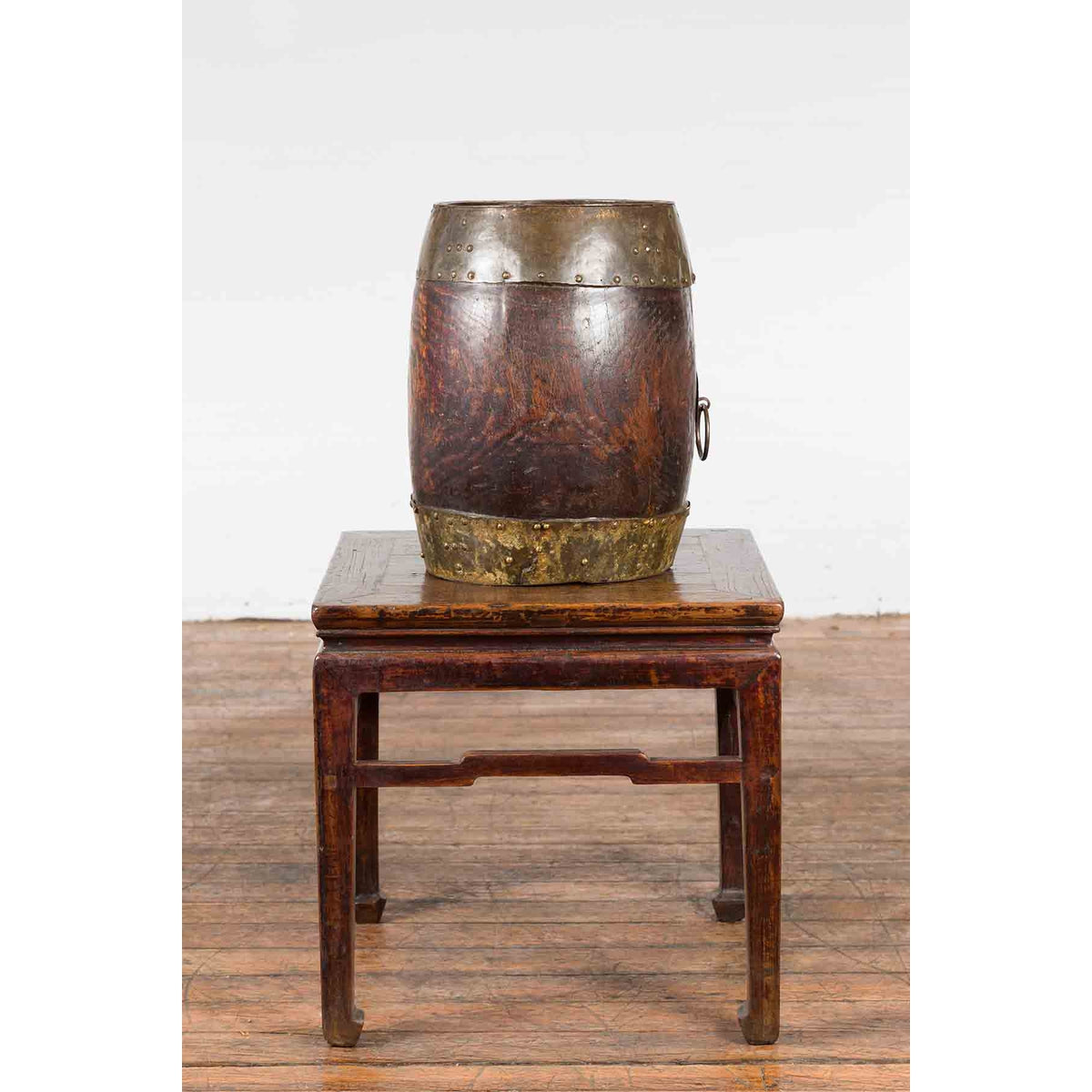 Chinese Vintage Rustic Wooden Bucket with Brass Accents and Ornate Backplate-7. Asian & Chinese Furniture, Art, Antiques, Vintage Home Décor for sale at FEA Home