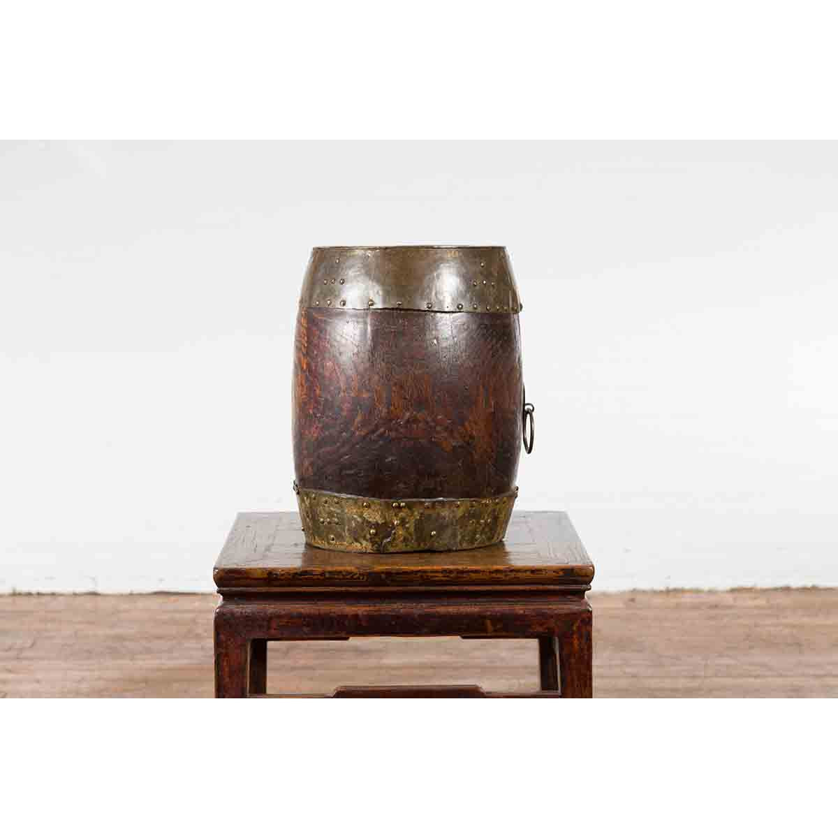 Chinese Vintage Rustic Wooden Bucket with Brass Accents and Ornate Backplate-8. Asian & Chinese Furniture, Art, Antiques, Vintage Home Décor for sale at FEA Home