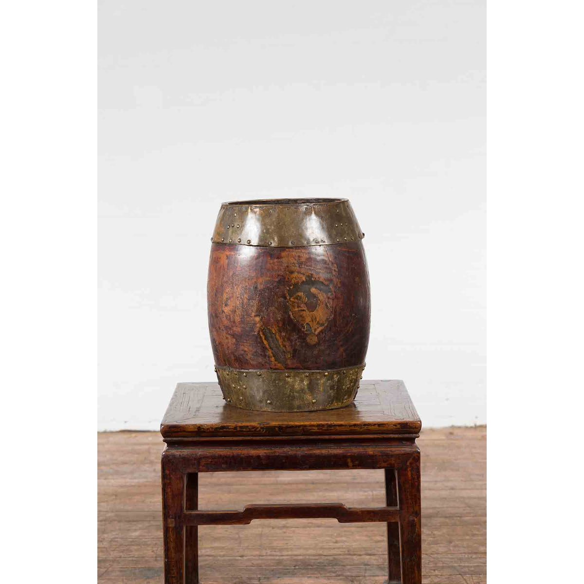Chinese Vintage Rustic Wooden Bucket with Brass Accents and Ornate Backplate-9. Asian & Chinese Furniture, Art, Antiques, Vintage Home Décor for sale at FEA Home