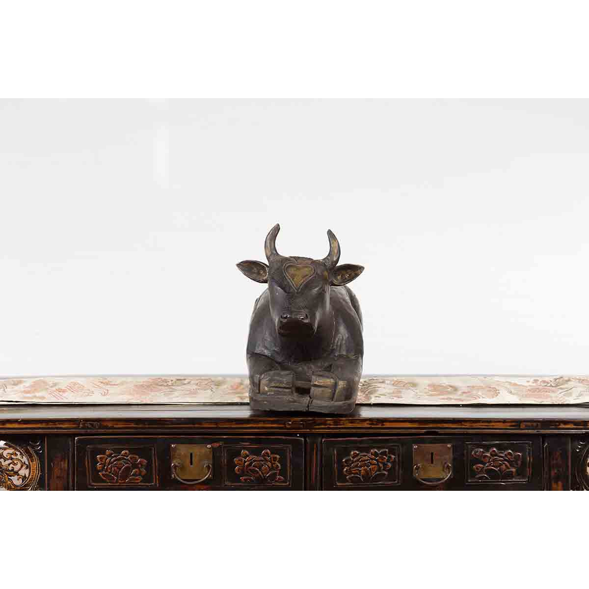 Indian Vintage Carved Wooden Bull Sculpture Depicting Guardian Deity Nandi-6. Asian & Chinese Furniture, Art, Antiques, Vintage Home Décor for sale at FEA Home