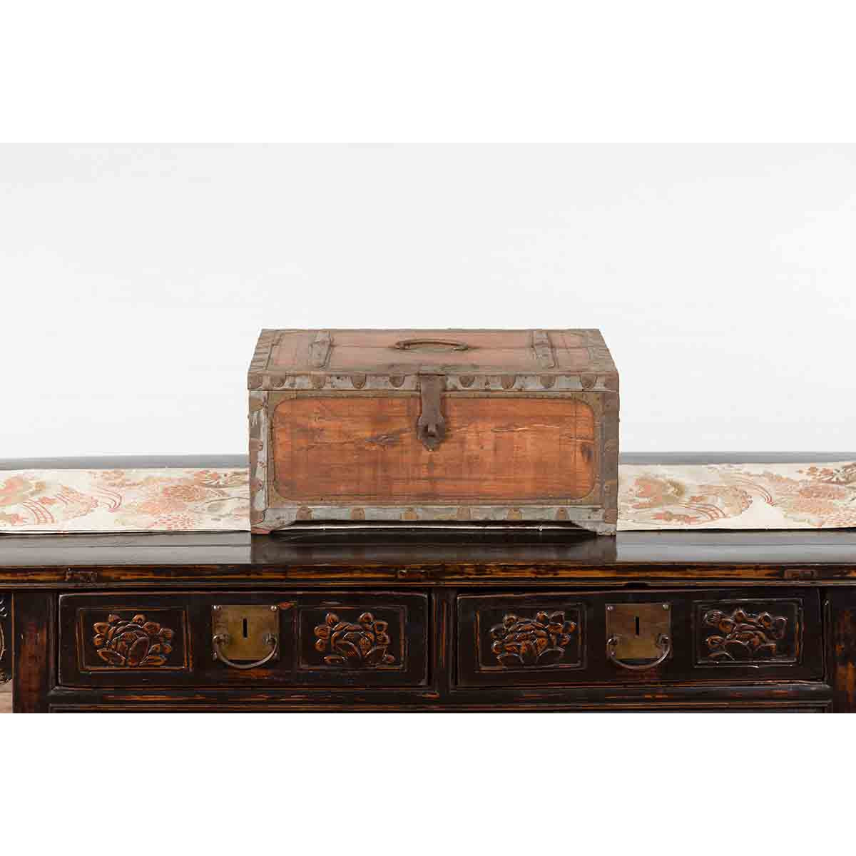 19th Century Indian Wooden Box with Brass Details and Distressed Patina-7. Asian & Chinese Furniture, Art, Antiques, Vintage Home Décor for sale at FEA Home