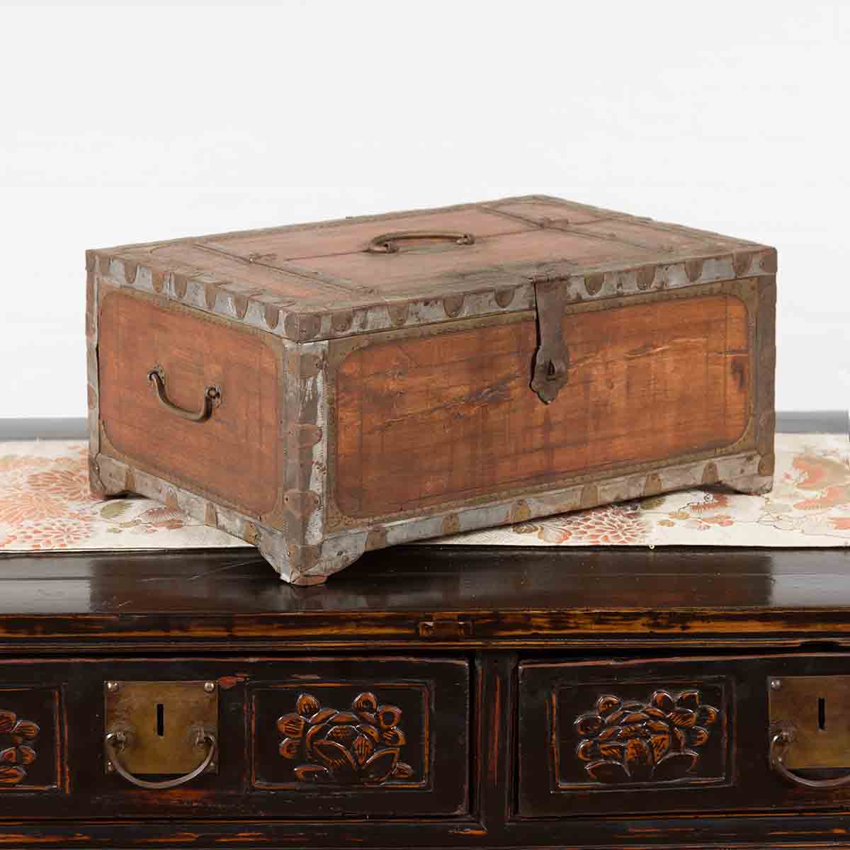 19th Century Indian Wooden Box with Brass Details and Distressed Patina-2. Asian & Chinese Furniture, Art, Antiques, Vintage Home Décor for sale at FEA Home