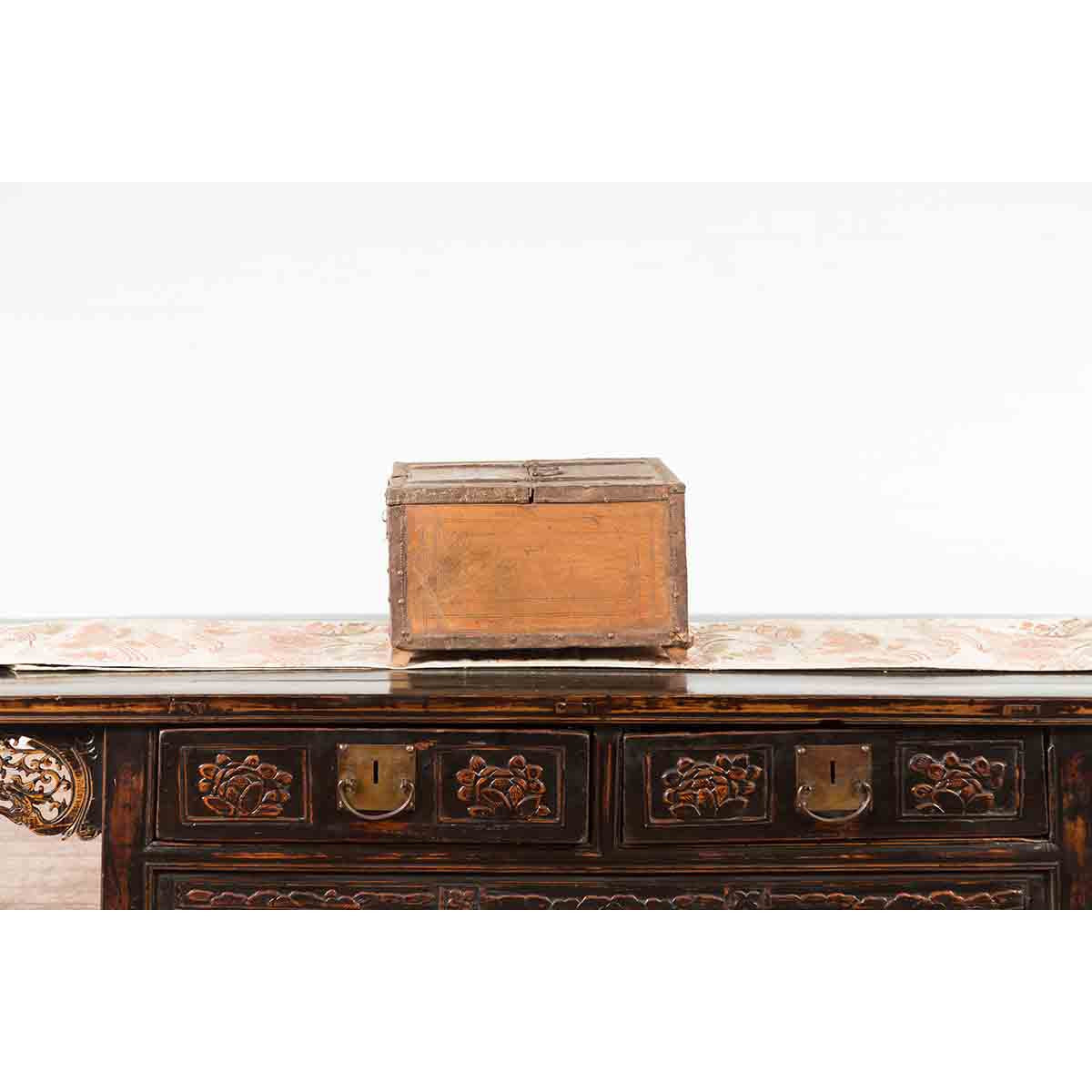 Rustic Indian 19th Century Wooden Box with Iron Details and Incised Motifs-12. Asian & Chinese Furniture, Art, Antiques, Vintage Home Décor for sale at FEA Home