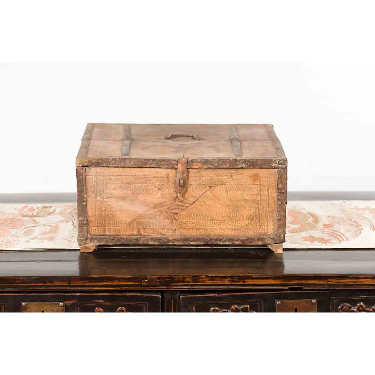 Rustic Indian 19th Century Wooden Box with Iron Details and Incised Motifs-4. Asian & Chinese Furniture, Art, Antiques, Vintage Home Décor for sale at FEA Home