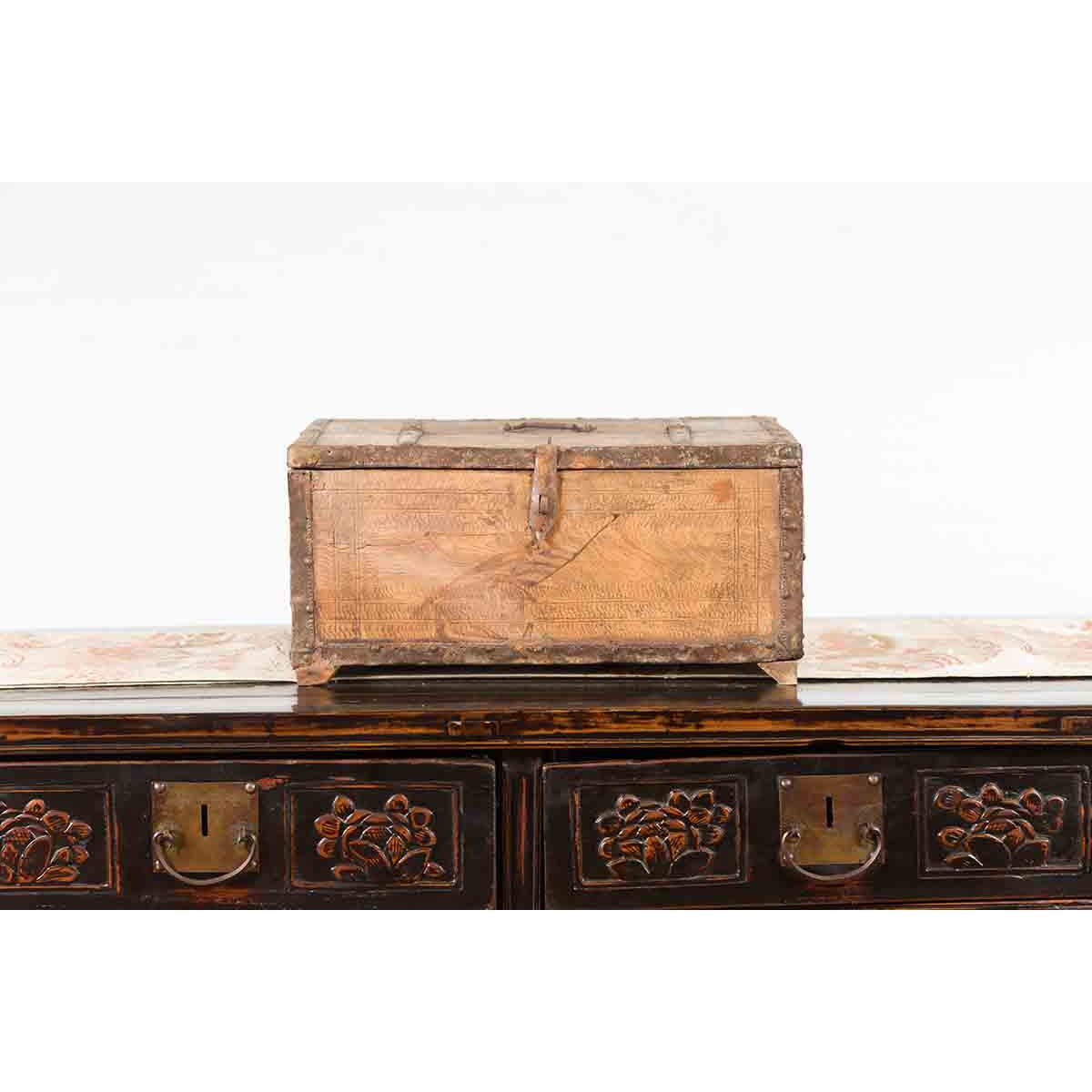 Rustic Indian 19th Century Wooden Box with Iron Details and Incised Motifs-5. Asian & Chinese Furniture, Art, Antiques, Vintage Home Décor for sale at FEA Home