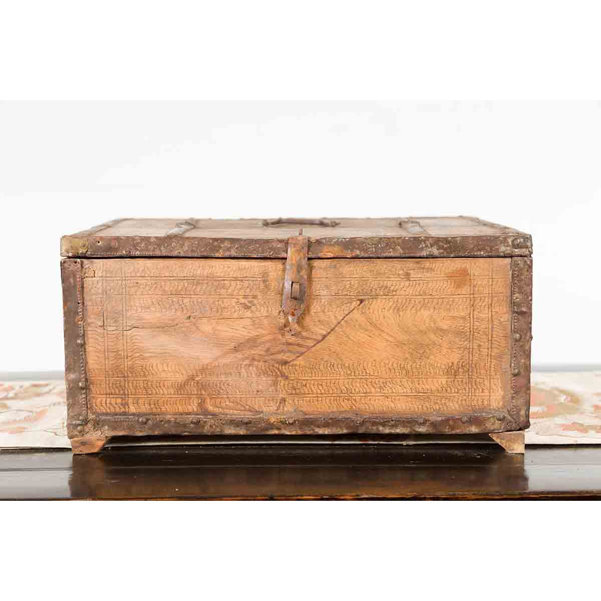 Rustic Indian 19th Century Wooden Box with Iron Details and Incised Motifs-6. Asian & Chinese Furniture, Art, Antiques, Vintage Home Décor for sale at FEA Home