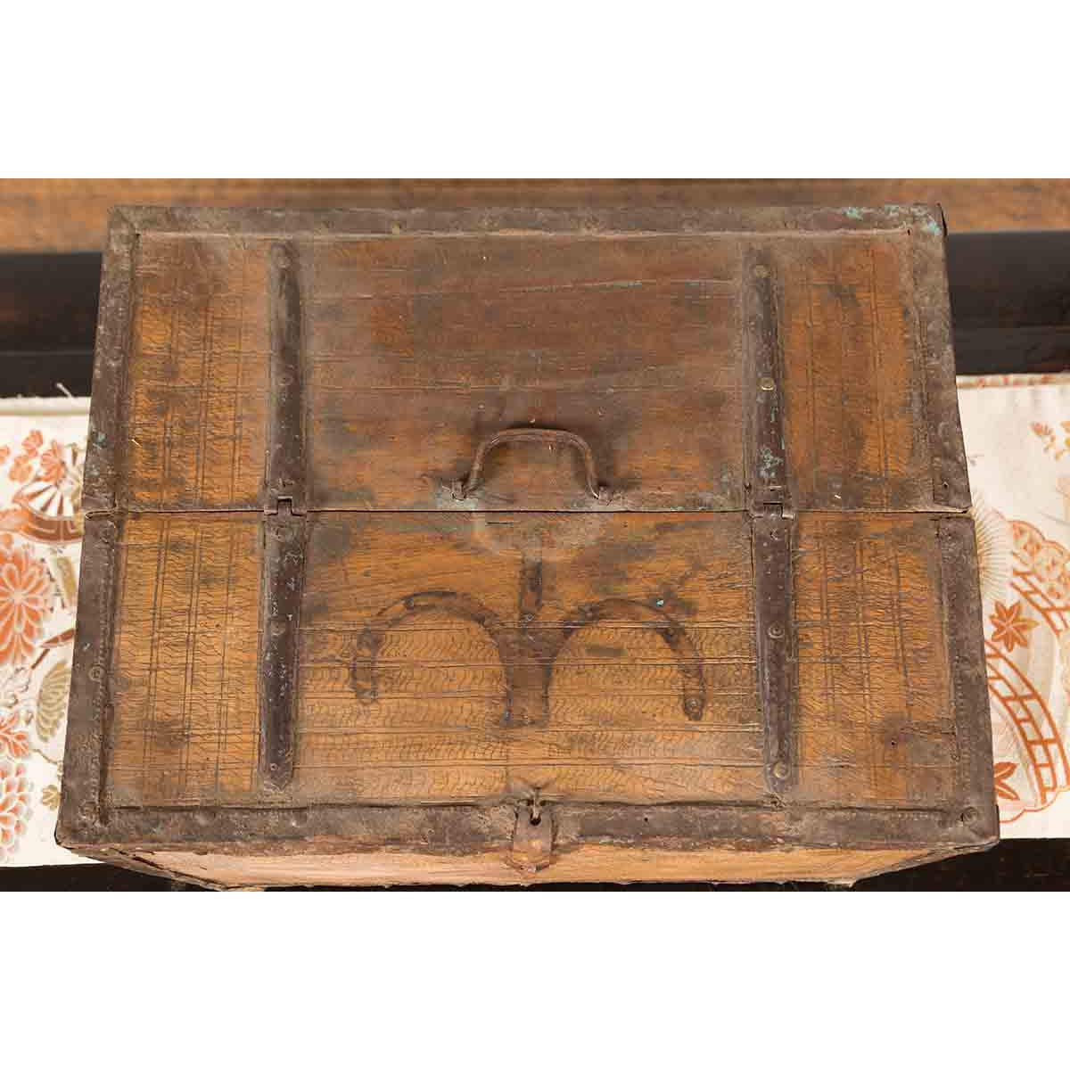 Rustic Indian 19th Century Wooden Box with Iron Details and Incised Motifs-8. Asian & Chinese Furniture, Art, Antiques, Vintage Home Décor for sale at FEA Home