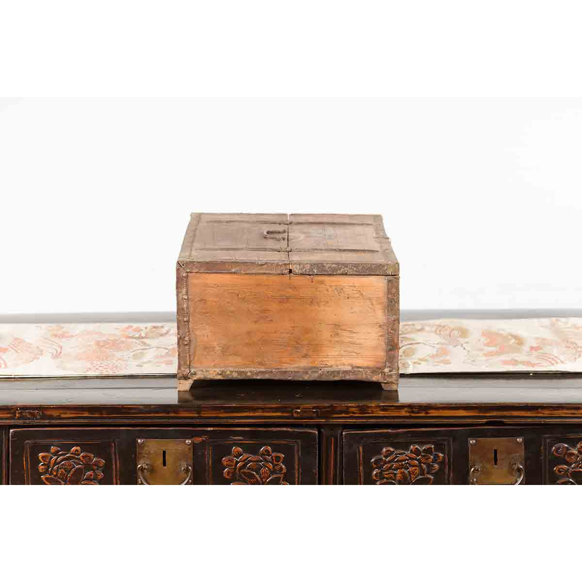 Rustic Indian 19th Century Wooden Box with Iron Details and Incised Motifs-10. Asian & Chinese Furniture, Art, Antiques, Vintage Home Décor for sale at FEA Home
