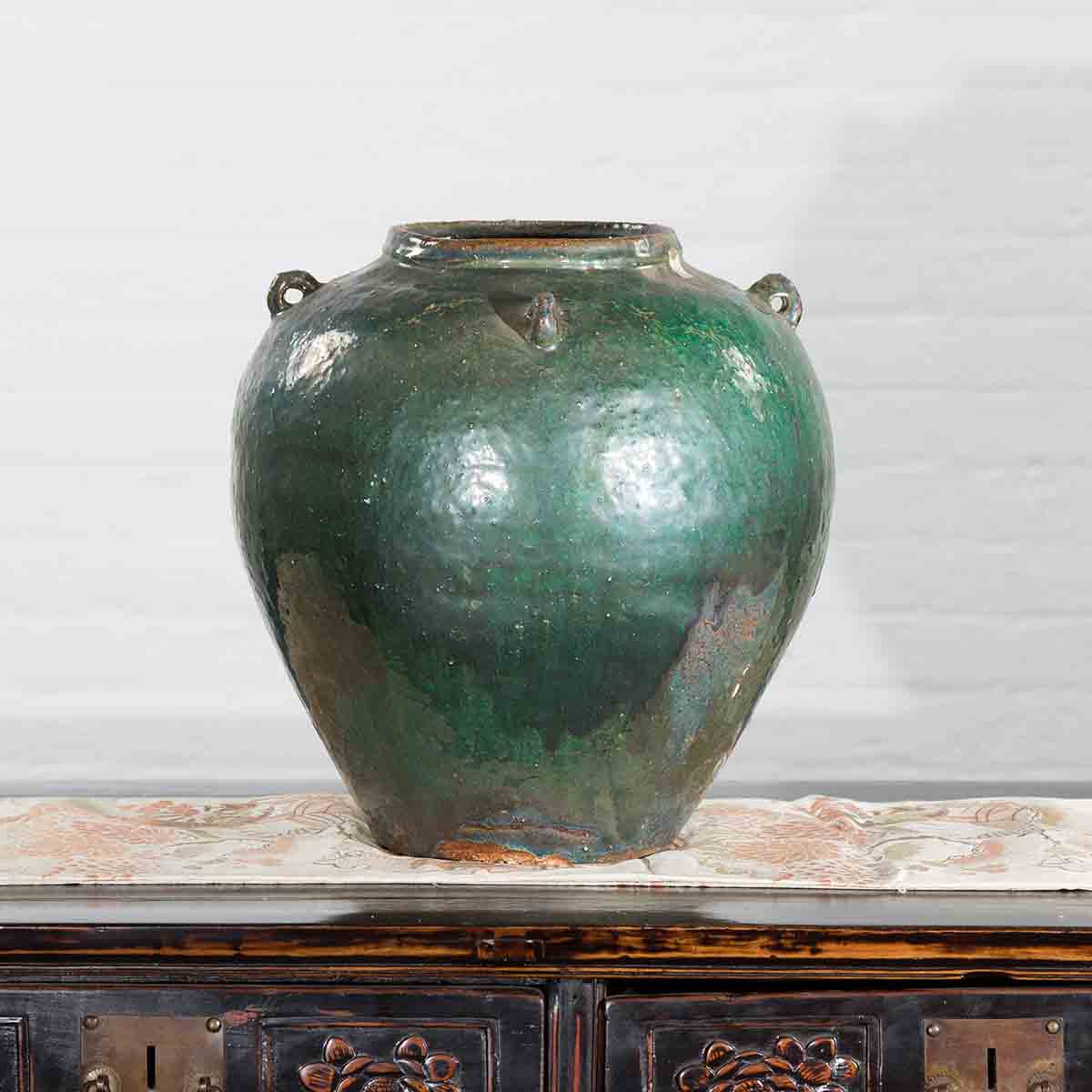 Chinese Vintage Hunan Style Green Glazed Water Jar with Petite Loop Handles-2. Asian & Chinese Furniture, Art, Antiques, Vintage Home Décor for sale at FEA Home