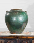 Chinese Vintage Hunan Style Green Glazed Water Jar with Petite Loop Handles-2. Asian & Chinese Furniture, Art, Antiques, Vintage Home Décor for sale at FEA Home