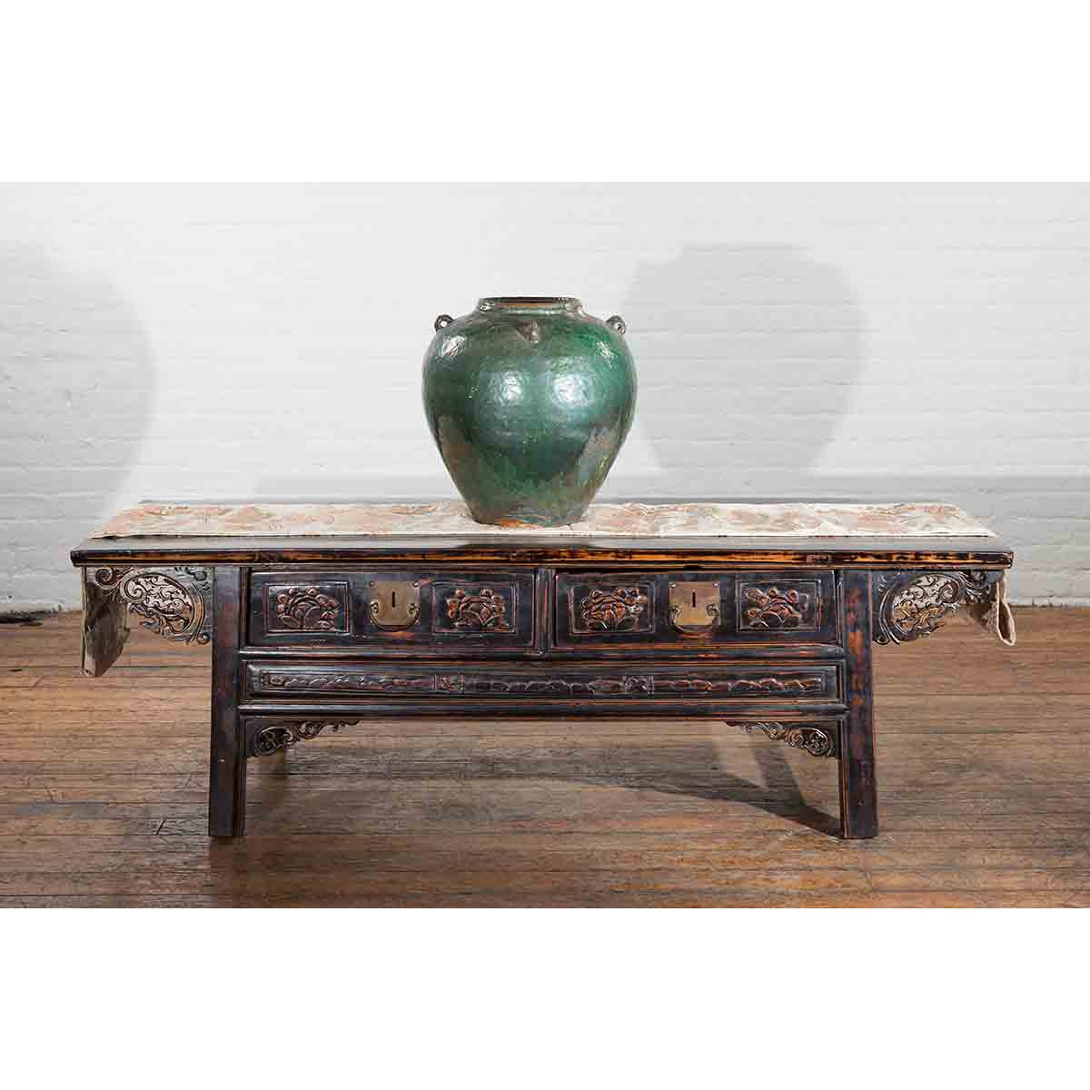 Chinese Vintage Hunan Style Green Glazed Water Jar with Petite Loop Handles-3. Asian & Chinese Furniture, Art, Antiques, Vintage Home Décor for sale at FEA Home