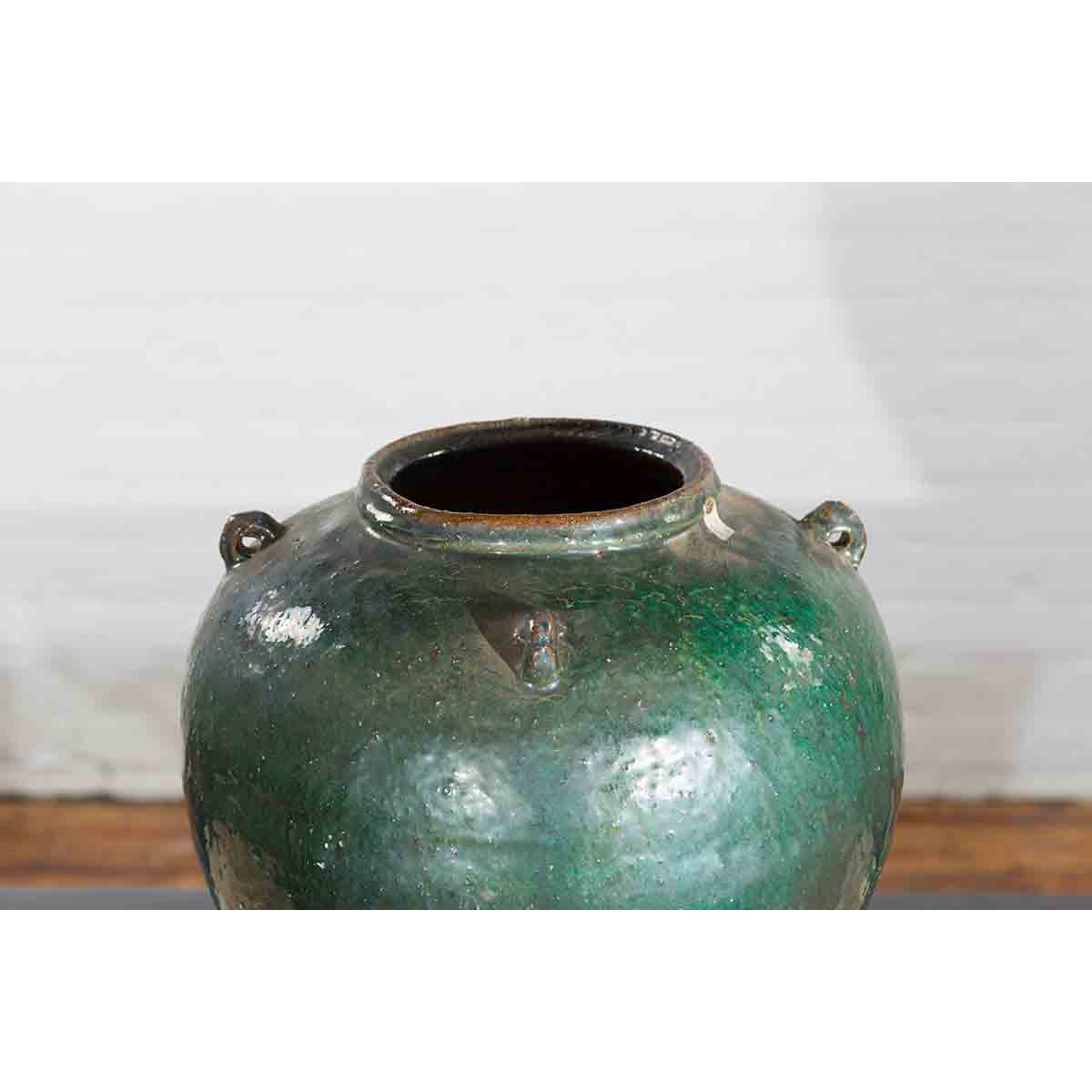 Chinese Vintage Hunan Style Green Glazed Water Jar with Petite Loop Handles-4. Asian & Chinese Furniture, Art, Antiques, Vintage Home Décor for sale at FEA Home