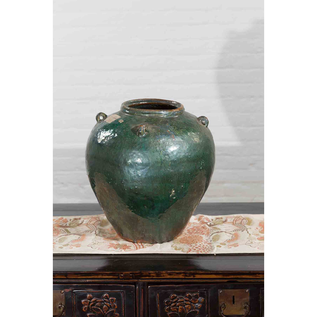 Chinese Vintage Hunan Style Green Glazed Water Jar with Petite Loop Handles-5. Asian & Chinese Furniture, Art, Antiques, Vintage Home Décor for sale at FEA Home