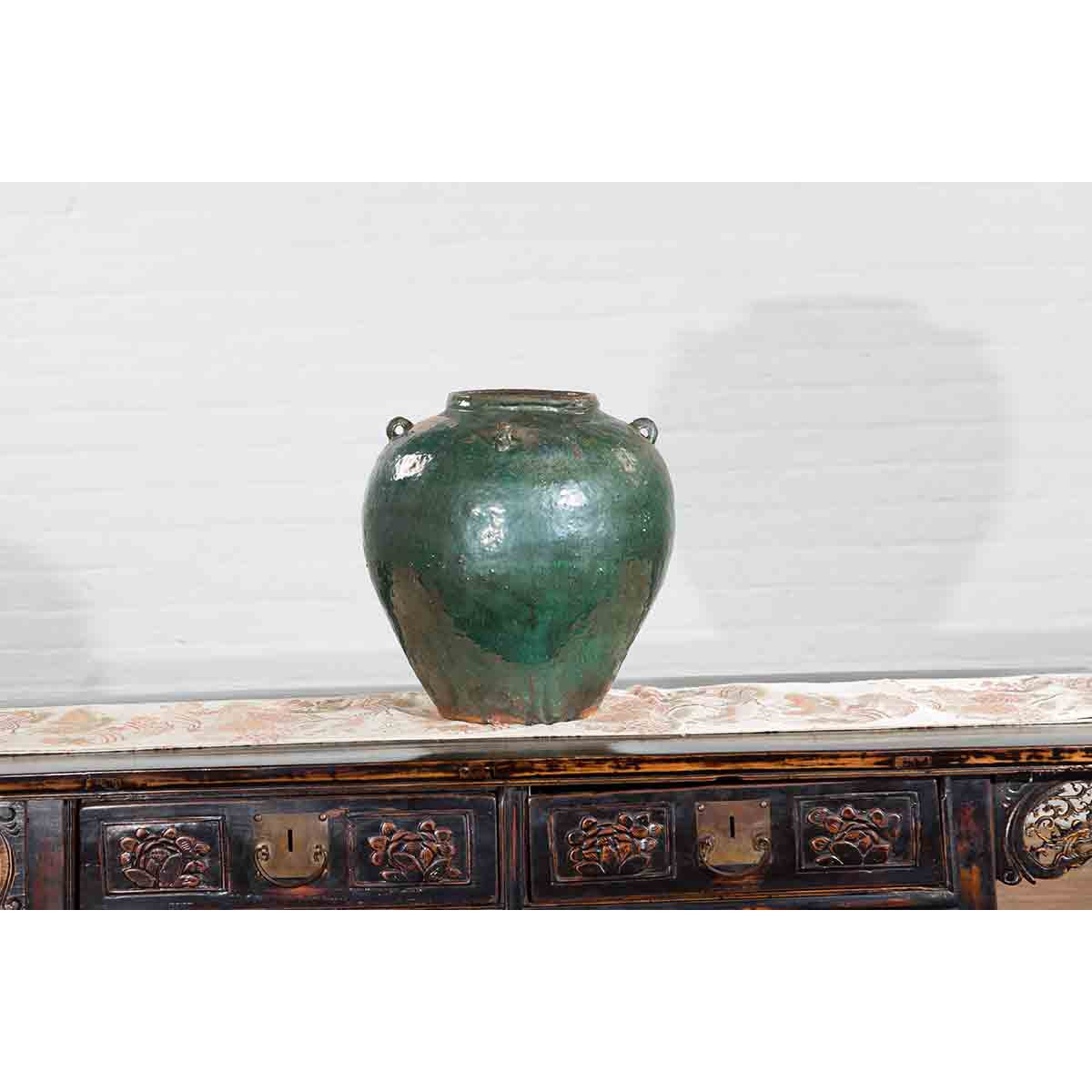 Chinese Vintage Hunan Style Green Glazed Water Jar with Petite Loop Handles-6. Asian & Chinese Furniture, Art, Antiques, Vintage Home Décor for sale at FEA Home