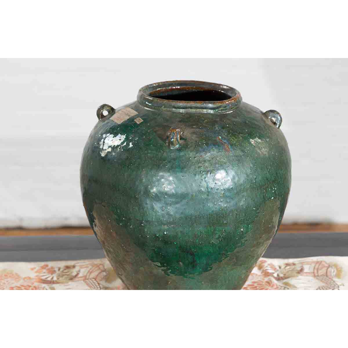 Chinese Vintage Hunan Style Green Glazed Water Jar with Petite Loop Handles-7. Asian & Chinese Furniture, Art, Antiques, Vintage Home Décor for sale at FEA Home