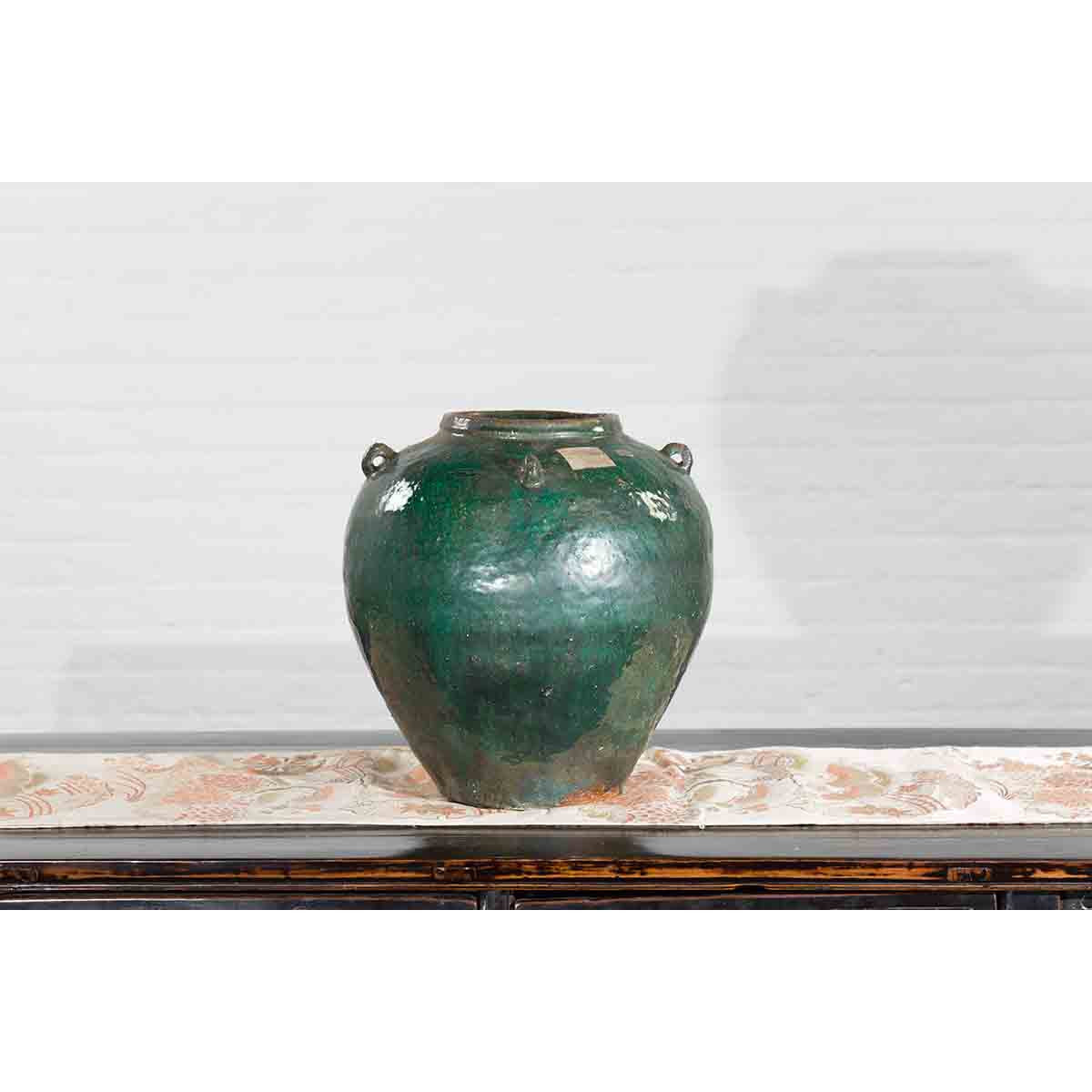 Chinese Vintage Hunan Style Green Glazed Water Jar with Petite Loop Handles-8. Asian & Chinese Furniture, Art, Antiques, Vintage Home Décor for sale at FEA Home