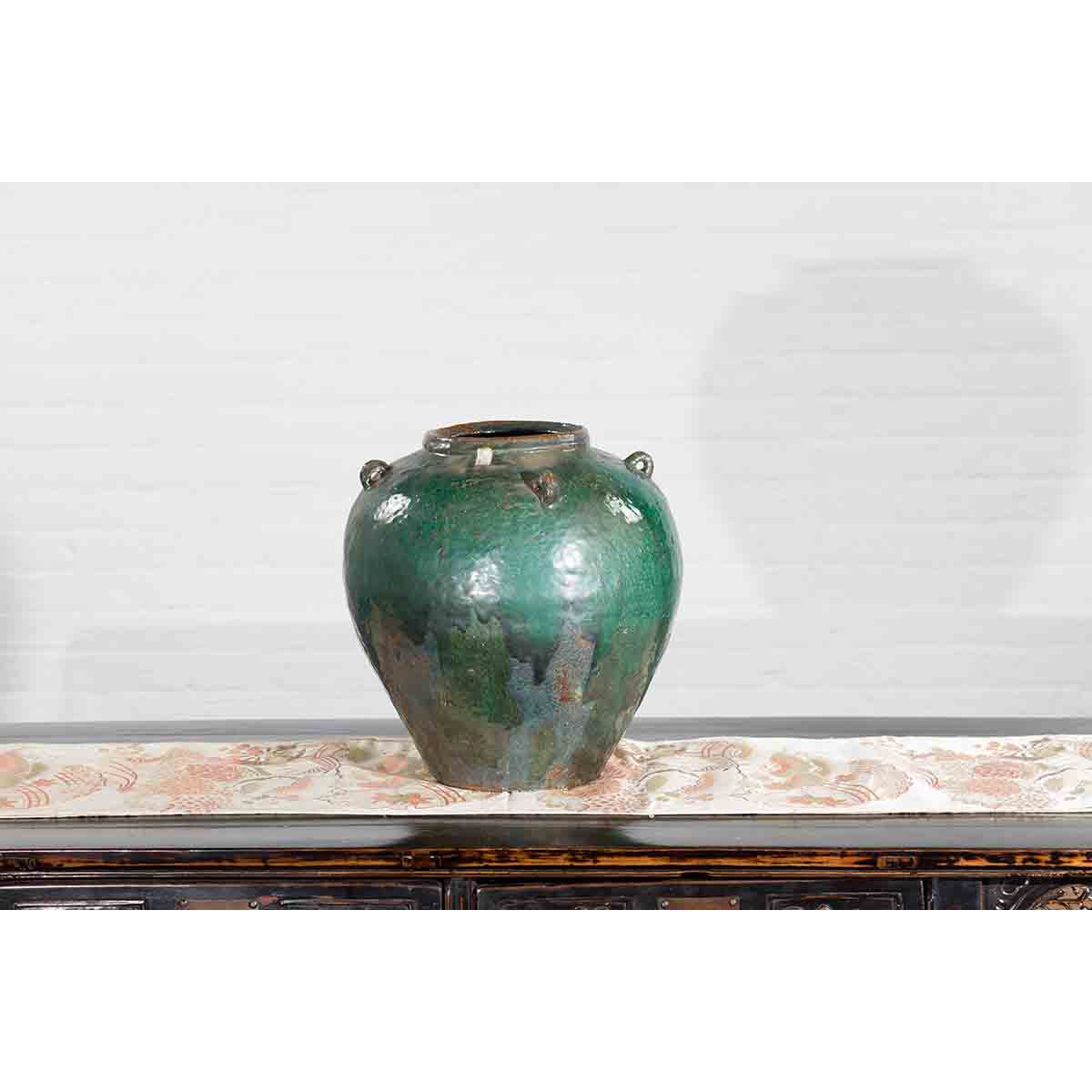 Chinese Vintage Hunan Style Green Glazed Water Jar with Petite Loop Handles-9. Asian & Chinese Furniture, Art, Antiques, Vintage Home Décor for sale at FEA Home