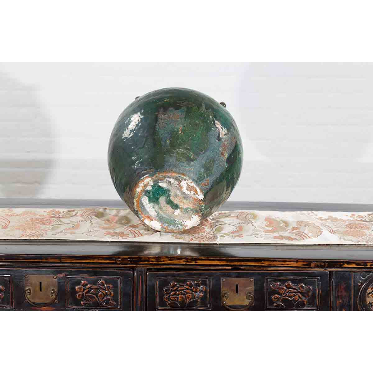 Chinese Vintage Hunan Style Green Glazed Water Jar with Petite Loop Handles-10. Asian & Chinese Furniture, Art, Antiques, Vintage Home Décor for sale at FEA Home