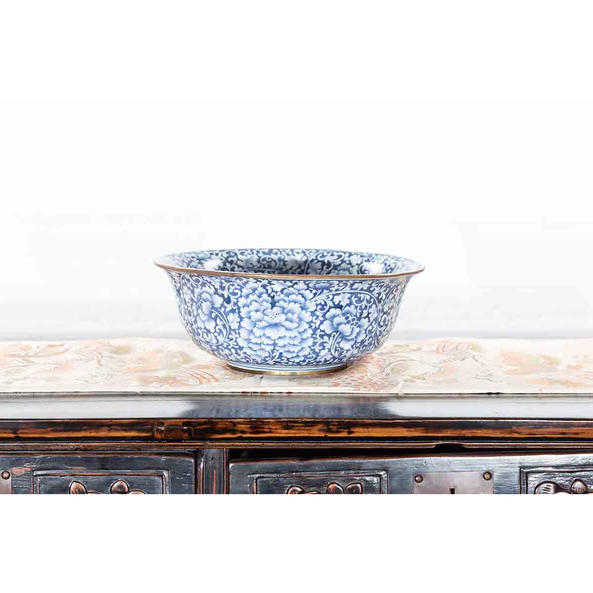Contemporary Thai Hand-Painted Blue and White Porcelain Bowl with Floral Motifs-3. Asian & Chinese Furniture, Art, Antiques, Vintage Home Décor for sale at FEA Home