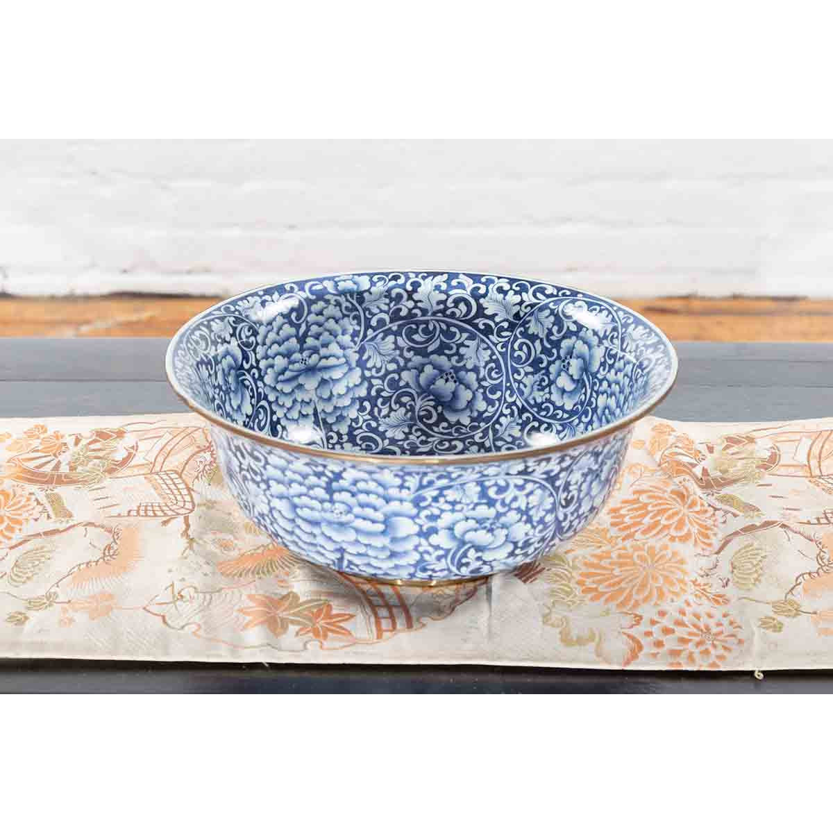 Contemporary Thai Hand-Painted Blue and White Porcelain Bowl with Floral Motifs-6. Asian & Chinese Furniture, Art, Antiques, Vintage Home Décor for sale at FEA Home