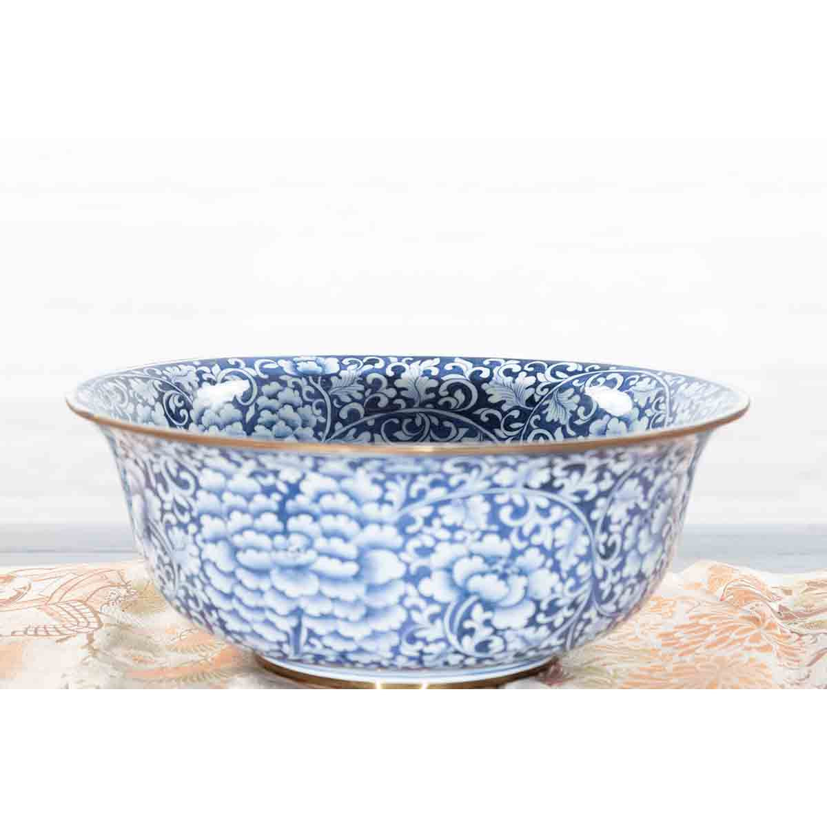 Contemporary Thai Hand-Painted Blue and White Porcelain Bowl with Floral Motifs-10. Asian & Chinese Furniture, Art, Antiques, Vintage Home Décor for sale at FEA Home