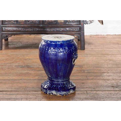Chinese Qing Dynasty Period Blue Glazed Garden Seat with Floral Motifs on Base-YN7300-11. Asian & Chinese Furniture, Art, Antiques, Vintage Home Décor for sale at FEA Home