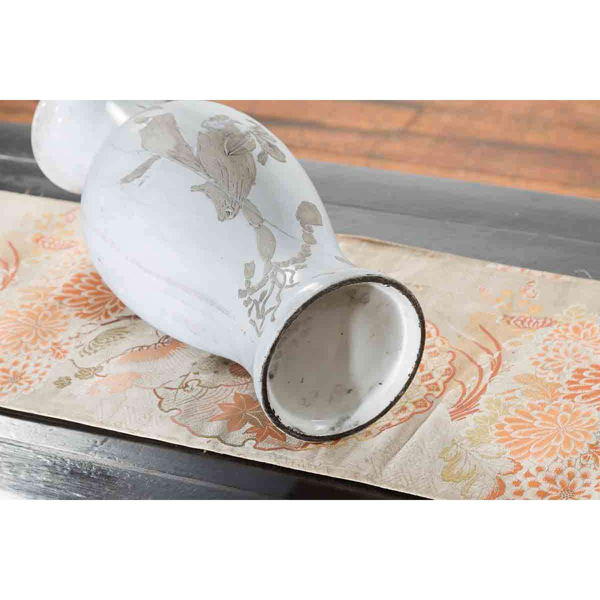 19th Century White Altar Vase with Silver Floral Design-11. Asian & Chinese Furniture, Art, Antiques, Vintage Home Décor for sale at FEA Home