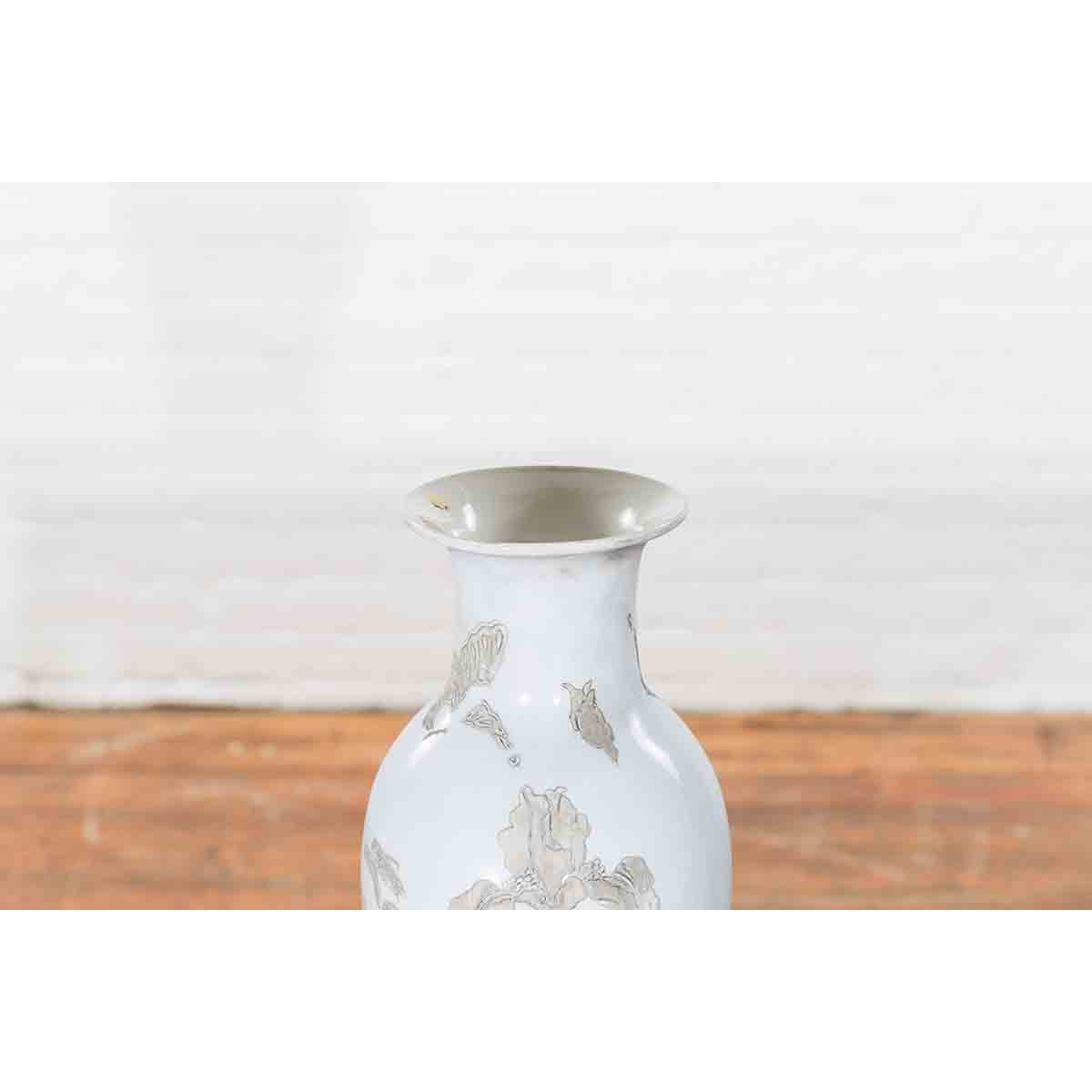 19th Century White Altar Vase with Silver Floral Design-5. Asian & Chinese Furniture, Art, Antiques, Vintage Home Décor for sale at FEA Home