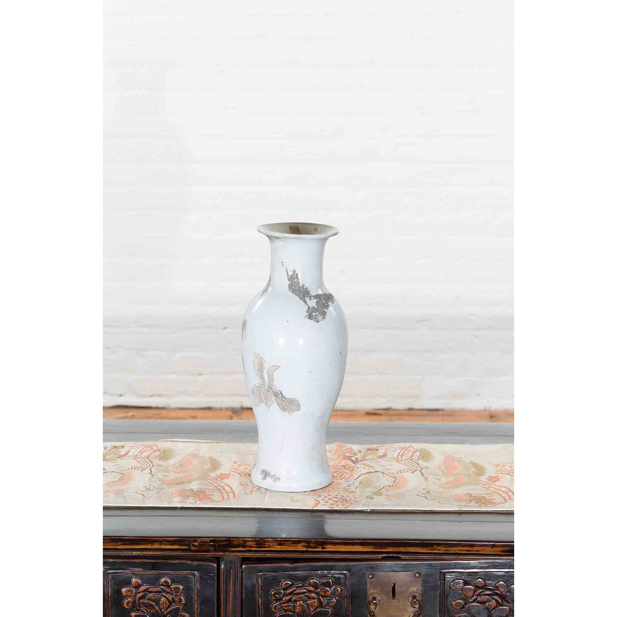 19th Century White Altar Vase with Silver Floral Design-6. Asian & Chinese Furniture, Art, Antiques, Vintage Home Décor for sale at FEA Home